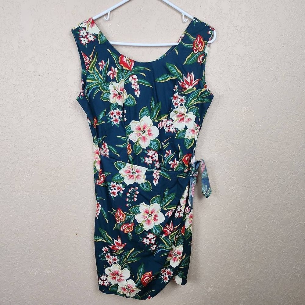 Handmade Hawaiian Hibiscus Print Faux Wrap Sleeveless Mini Dress (7183)